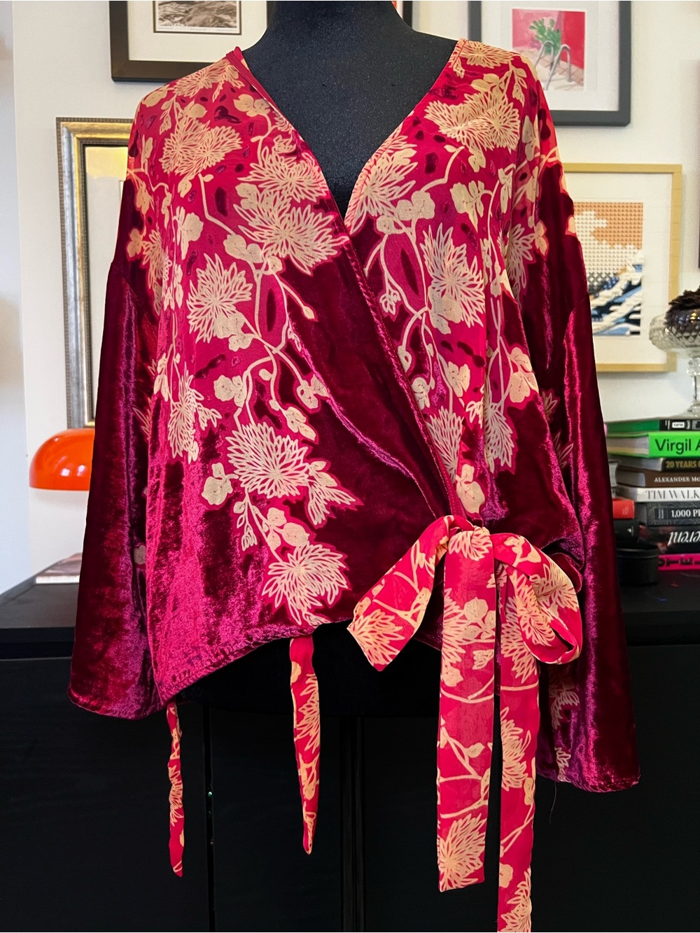 Zara Woman Red and Cream Floral Velvet-Trim Top